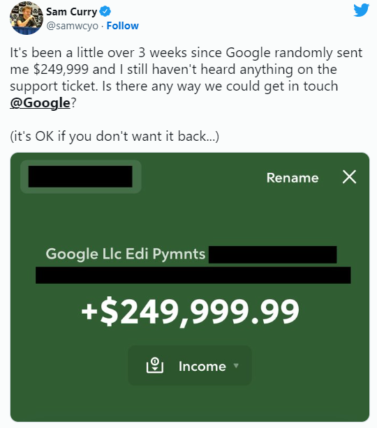 程序员意外收到谷歌174万元转账：一分都没敢花